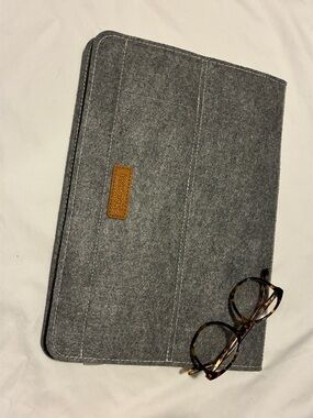 Gray Felt Tablet or Laptop Sleeve with Brown Leather Logo Patch